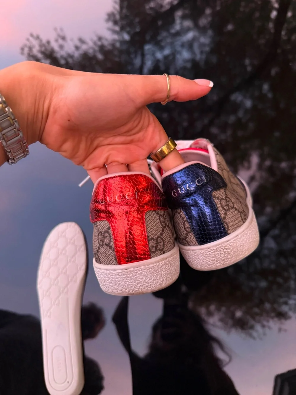 Gucci Beige GG Supreme Sneakers with Red & Blue Web Stripe